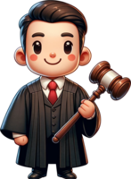 A cute man Judge in robes holding a gavel smiling and standing confidently isolated png