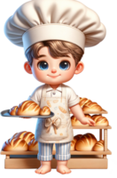 un' carino maschio bambino panettiere indossare un' panettiere S grembiule e Tenere un' vassoio di appena al forno pane png