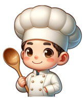 A professional chef wearing a white chef's hat and double breasted jacket smiling at the camera isolated png