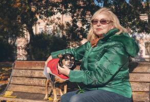 mujer acurrucarse su perro en un soleado otoño día en el parque. foto