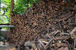 Stock of firewood for heating the house. Global crisis and price rise. Heating home with firewood. photo