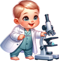 un linda bebé biólogo en un laboratorio Saco observando especímenes debajo un microscopio sonriente y en pie con confianza aislado png