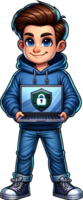 A cute Ethical Hacker with a laptop smiling with determination to protect digital assets and standing confidently isolated png