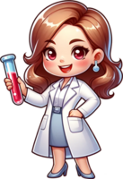 A cute Scientist girl in a lab coat holding a test tube smiling and standing confidently isolated png