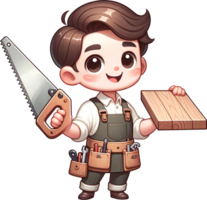 A cute Carpenter holding a saw and wood piece smiling and standing confidently isolated png