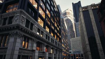 A bustling city street with towering skyscrapers photo