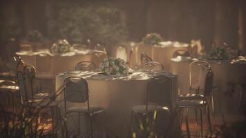 Empty restaurant with outdoor seating among trees photo