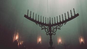 un Menorah brillante brillantemente en el brumoso niebla foto