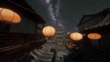 A group of lanterns hanging from a line under a night sky photo