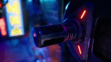 A close up of a metal object with neon lights in the background photo