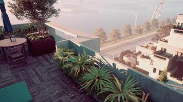 balcón con en conserva plantas y paraguas foto