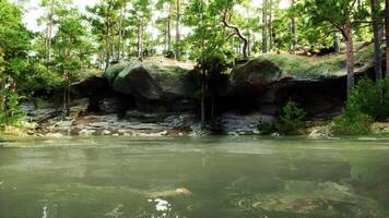 A body of water surrounded by trees and rocks photo