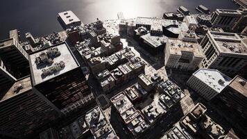 An aerial view of a city with lots of tall buildings photo