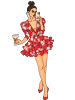 aquarelle mode illustration, Jeune sexy femme avec foncé cheveux dans une élégant robe avec fleurs. une fille avec une verre de prosecco. moderne femme illustration. png