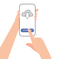 Tapping Mobile phone screen to download data from cloud. computing concept for file sharing and data transfer system. Download file to app mobile phone. png