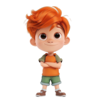 Cartoon boy with orange hair and green shorts on transparent background. png