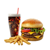 A Hamburger and fries with a drink on a transparent background png