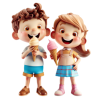 Cartoon boy and girl holding ice cream cones on transparent background. png