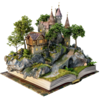 A Book with a castle on top of it, with a tree and rocks on transparent background. png