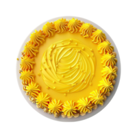 A cake with yellow frosting on top on transparent background. png