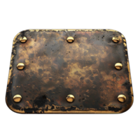 A rusty metal plate with rivets on it on transparent background. png