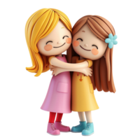 Two girls hugging each other, cartoon clip art on transparent background. png