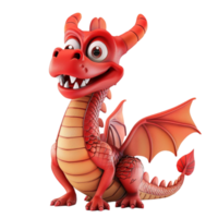 Cartoon red dragon with big eyes and big teeth on transparent background. png