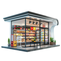 ein Lebensmittelgeschäft Geschäft mit ein Tür und Regale auf transparent Hintergrund. png