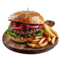 Burger mit Fritten auf ein hölzern Tafel auf transparent Hintergrund. png