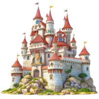 A cartoon castle with a tower on top on transparent background. png