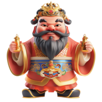 A Cartoon Chinese god holding two gold coins on transparent background. png