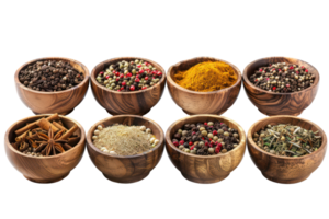 Assorted spices in wooden bowls png