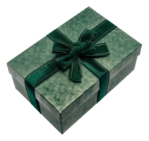 Green textured gift box with satin ribbon bow on transparent background - stock . png