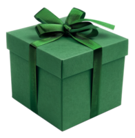 Green textured gift box with satin ribbon bow on transparent background - stock . png