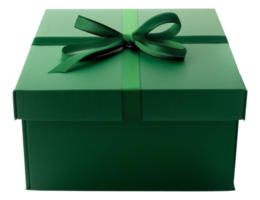 Green textured gift box with satin ribbon bow on transparent background - stock . png