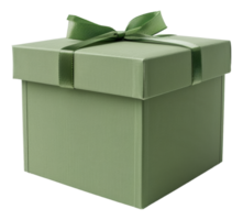 Green textured gift box with satin ribbon bow on transparent background - stock . png