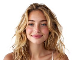 Blonde woman with necklace and white shirt smiling on transparent background - stock . png