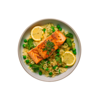 une vibrant et en bonne santé gourmet repas de grillé Saumon plus de une lit de riz avec petits pois, citron, et herbes png