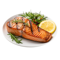 Delicious Grilled Salmon Fillets Garnished with Lemon and Fresh Herbs png