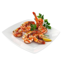 Generated AI shrimp on a plate with parsley and lemon on transparent background png