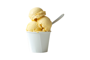 Banana ice cream scoop on white blank empty paper cup png