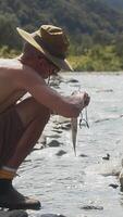 netzunabhängig Mann Reinigung Lachs auf Fluss im das Berge. Primitive Leben. ein Fischer tut natürlich einfach Dinge. schleppend Leben. video