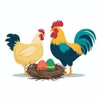 Chickens set illustration in Color. Brown and white Hen and Rooster. Male and female chickens vector