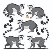 Collection of cute funny exotic lemurs isolated on white background. Set of adorable tropical animals or primates. Flat cartoon colorful illustration vector