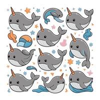 Cute and adorable cartoon narwhal white background vector