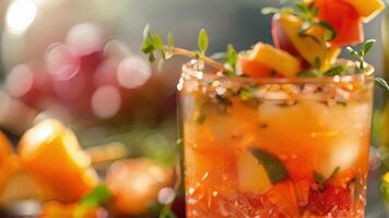 A closeup shot of a mocktail garnished with an elaborate fruit skewer and a sprig of fresh herbs video