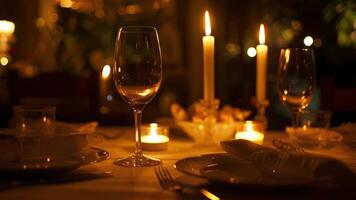uma luz de velas jantar configuração completo com uma romântico mesa para dois marcas a local Onde a casal primeiro conheceu às seus livre de álcool aniversário festa video