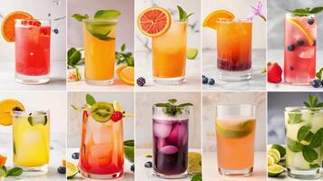 en collage av annorlunda mocktail recept varje ett använder sig av annorlunda Ingredienser och smaker från de diy mocktail crafting utrustning demonstrera de ändlös möjligheterna för skapande smak video