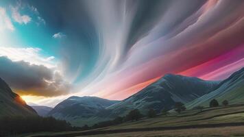 ein surreal Landschaft ähnlich ein Gemälde mit stratosphärisch Wolken Hinzufügen ein berühren von Magie zu das schon schön Berge video
