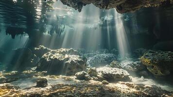 une photographes la perspective de une halocline dans une cenote avec curieuse sous-marin ombres ajouter profondeur à le image video
